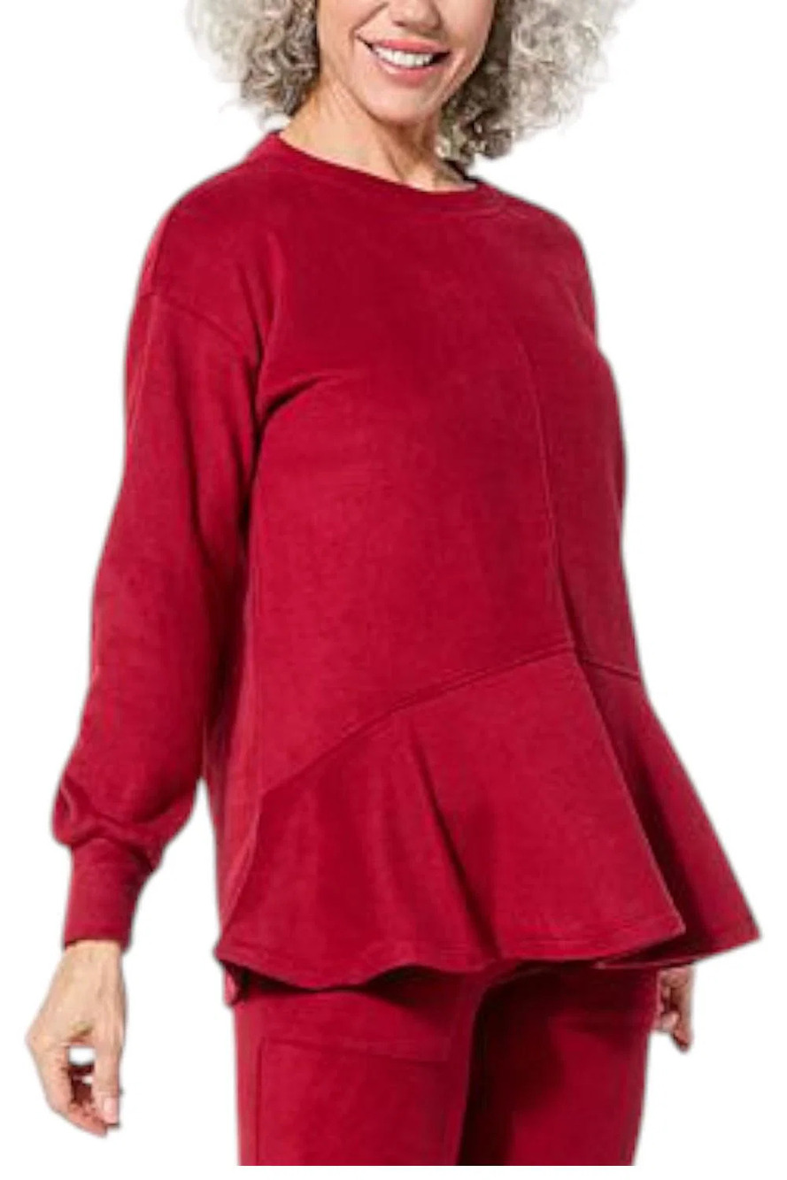 Comfort Code Women's Fleece Flutter-Hem Pullover Stone Dark Red - Regular